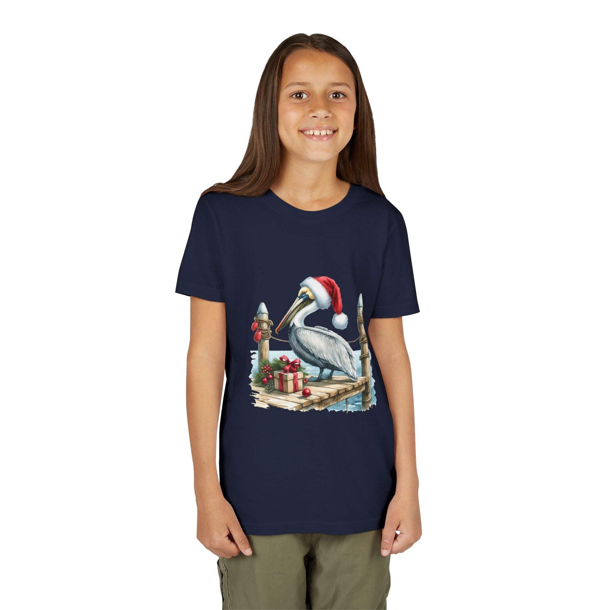 Youth navy t-shirt with Pelican Santa Hat graphic and coastal Christmas theme