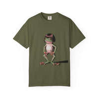 Olive t-shirt featuring a quirky frog with bob haircut meme illustration