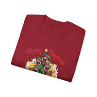 Black Merry Pugmas holiday t-shirt from Printify, featuring festive pug design for dog lovers.