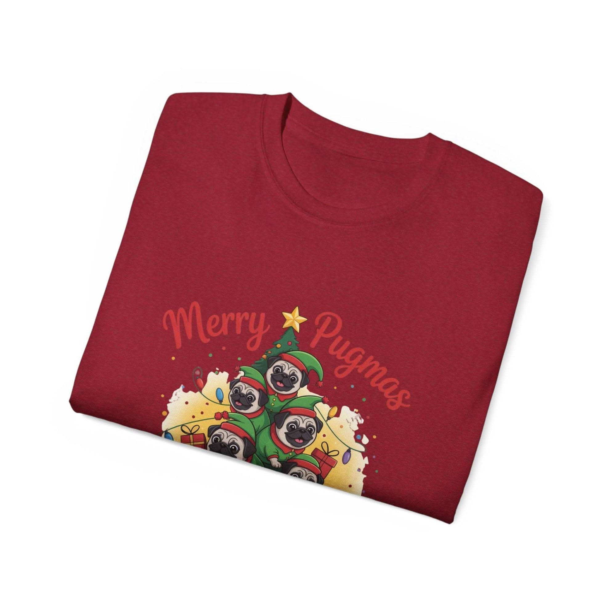 Black Merry Pugmas holiday t-shirt from Printify, featuring festive pug design for dog lovers.