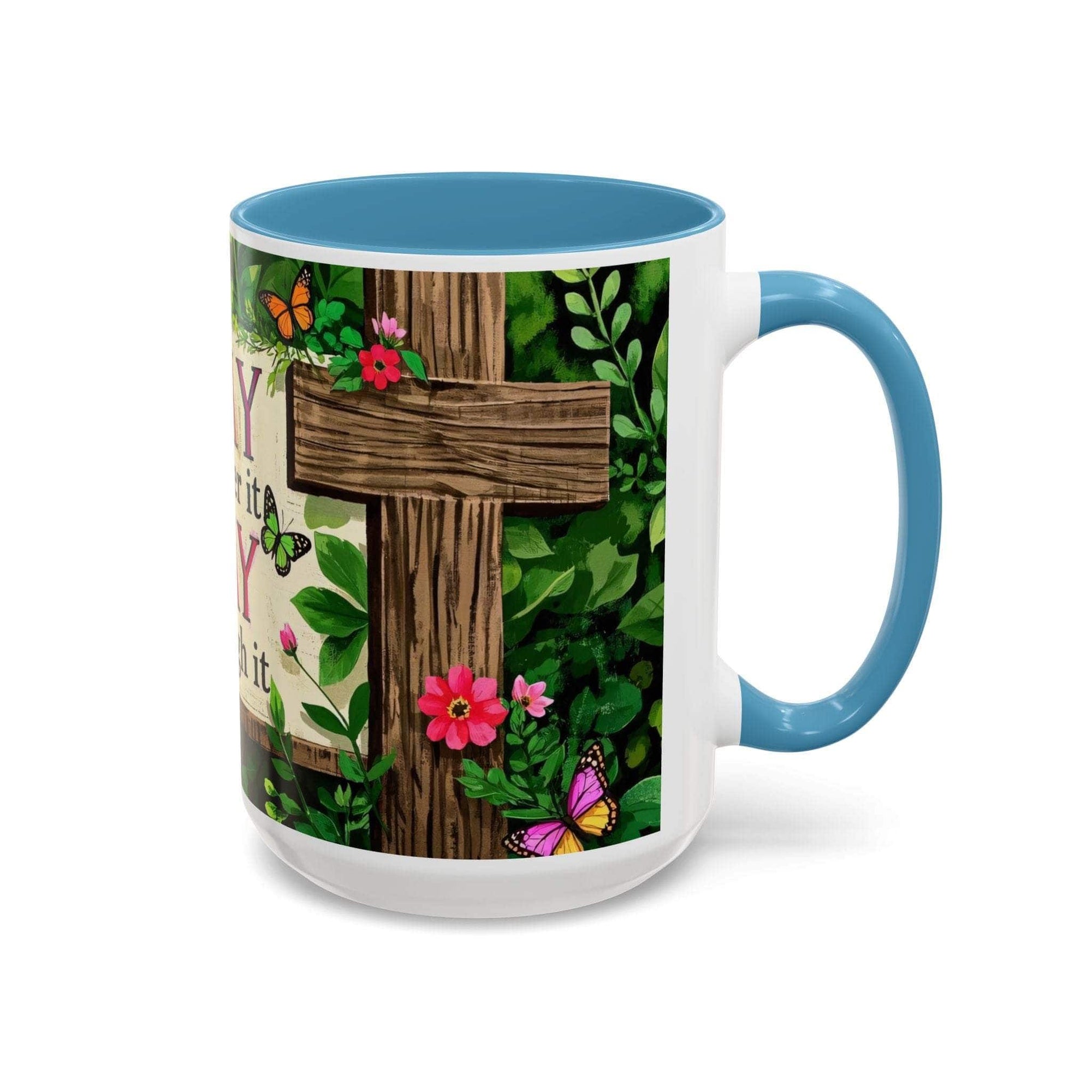 Mug with a cross and floral design on a white background