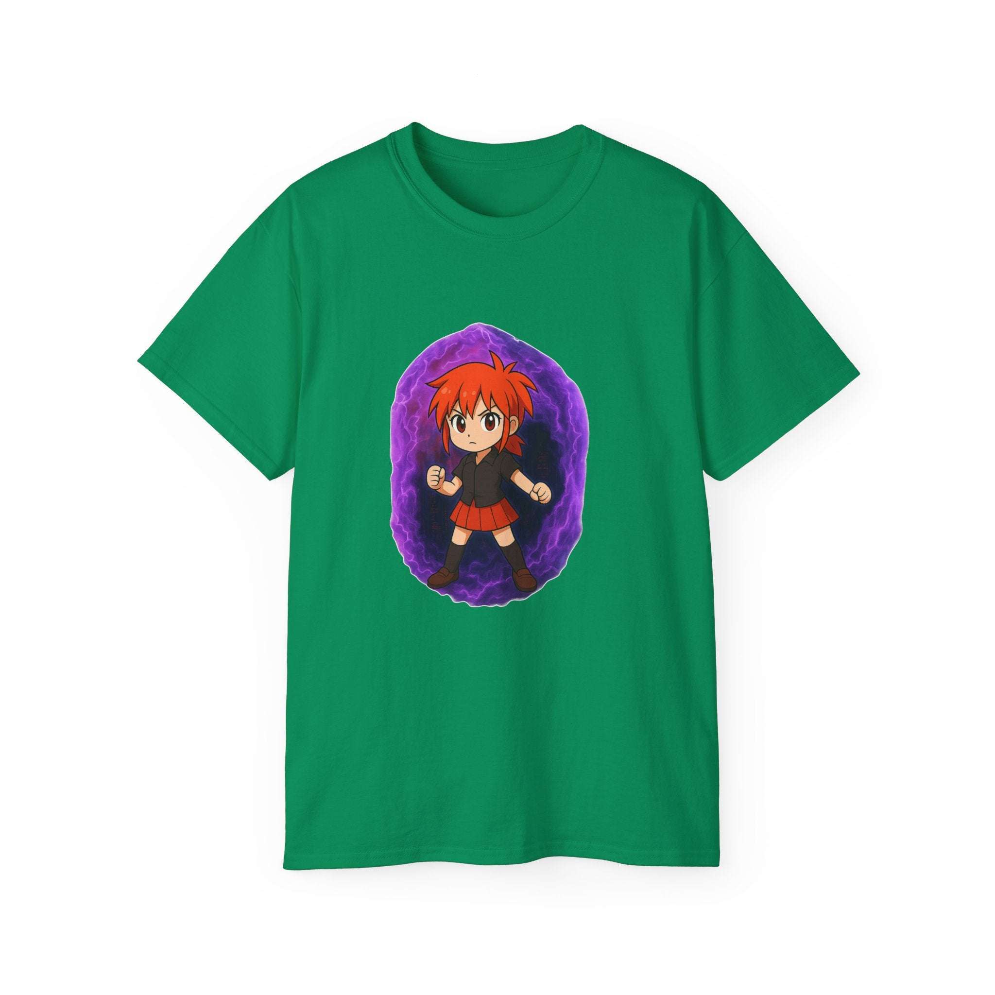 White unisex t-shirt featuring a purple anime power girl design, casual style by Printify