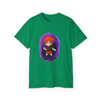 White unisex t-shirt featuring a purple anime power girl design, casual style by Printify