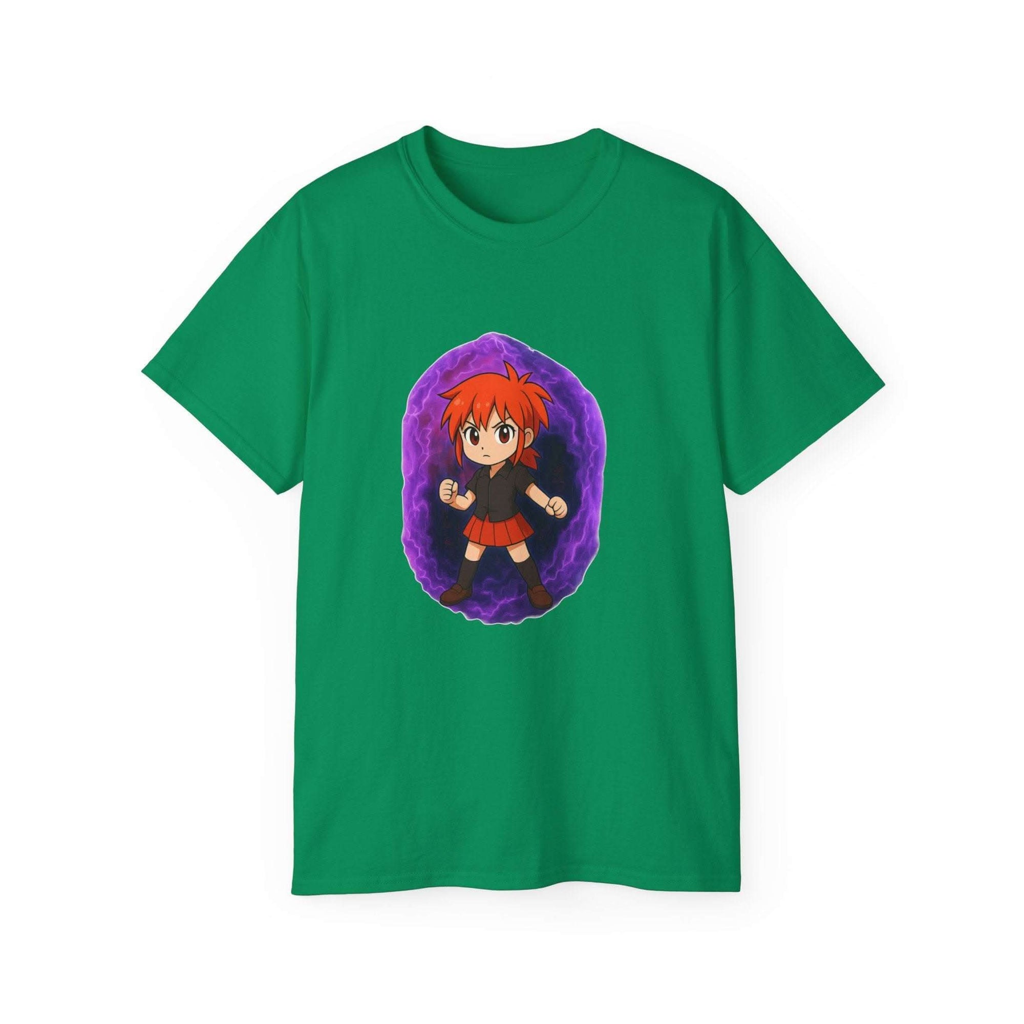White unisex t-shirt featuring a purple anime power girl design, casual style by Printify