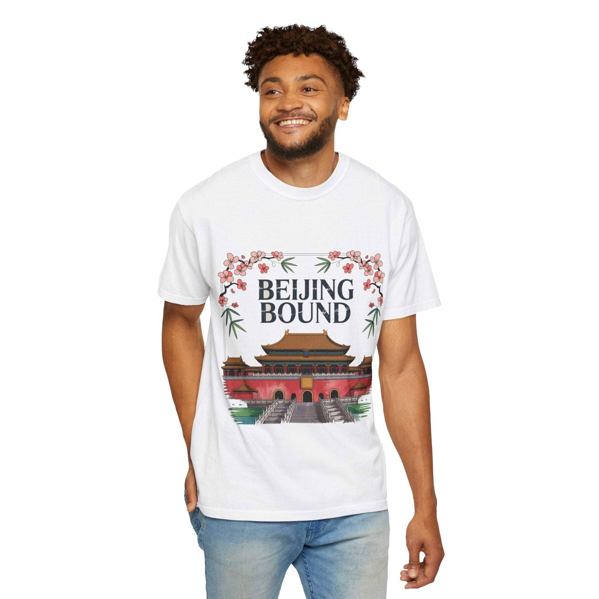 Travel T-shirt featuring Beijing Bound design with temple and floral accents, soft garment-dyed cotton.