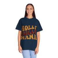 Faux Glitter Holly Jolly Mama brown t-shirt with festive glitter text for moms