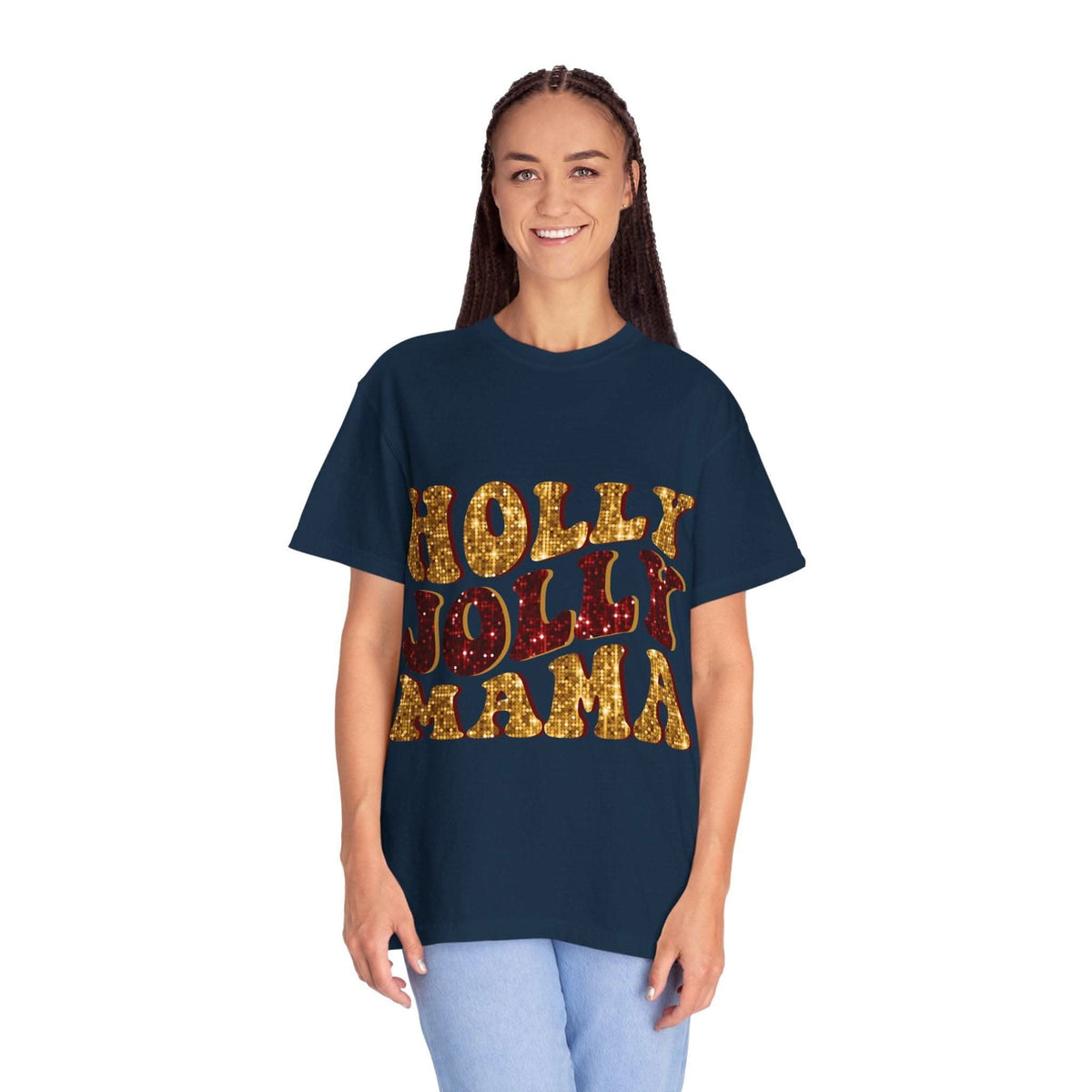 Faux Glitter Holly Jolly Mama brown t-shirt with festive glitter text for moms