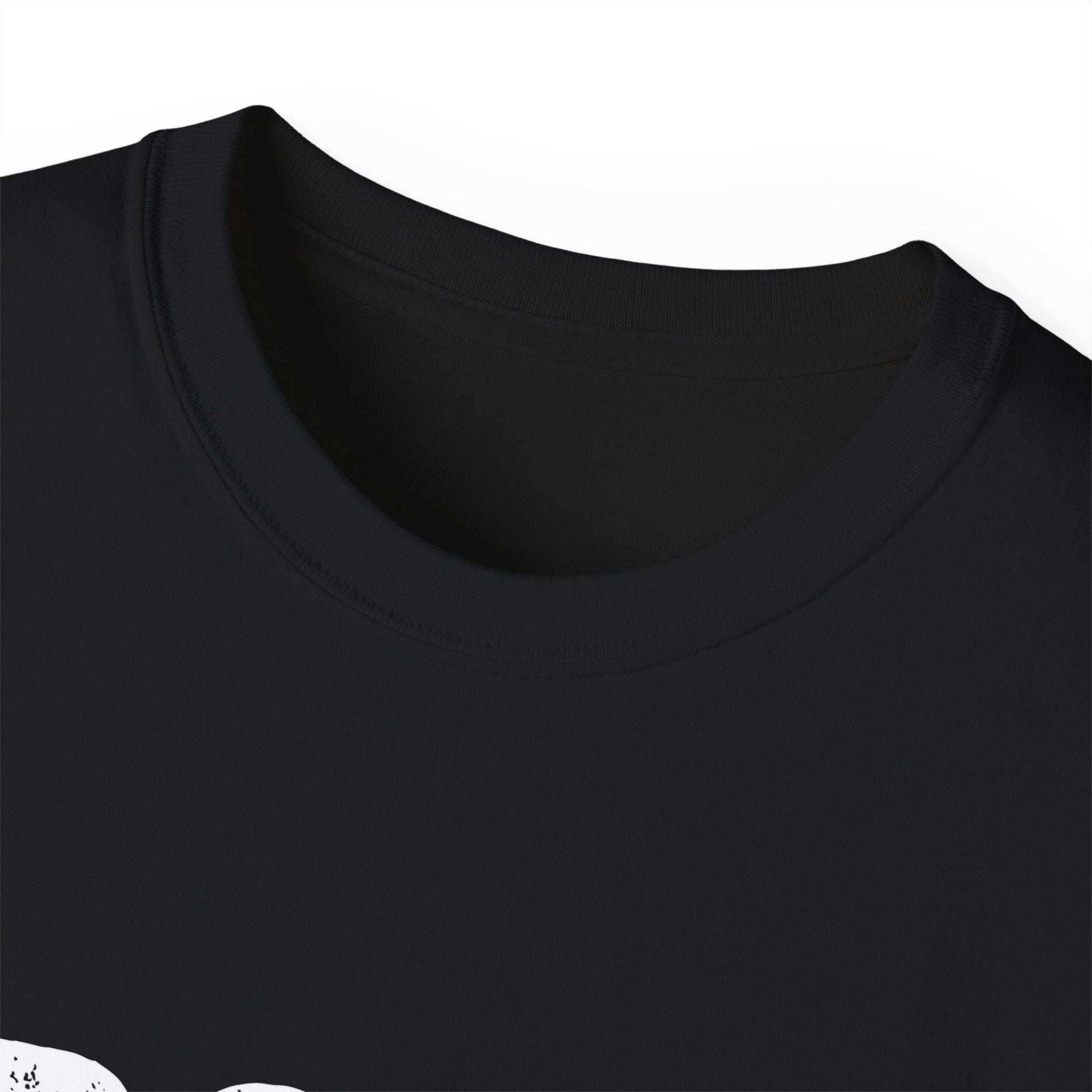 Close-up of black Distressed Frosty T-Shirt neckline made from 100% US cotton