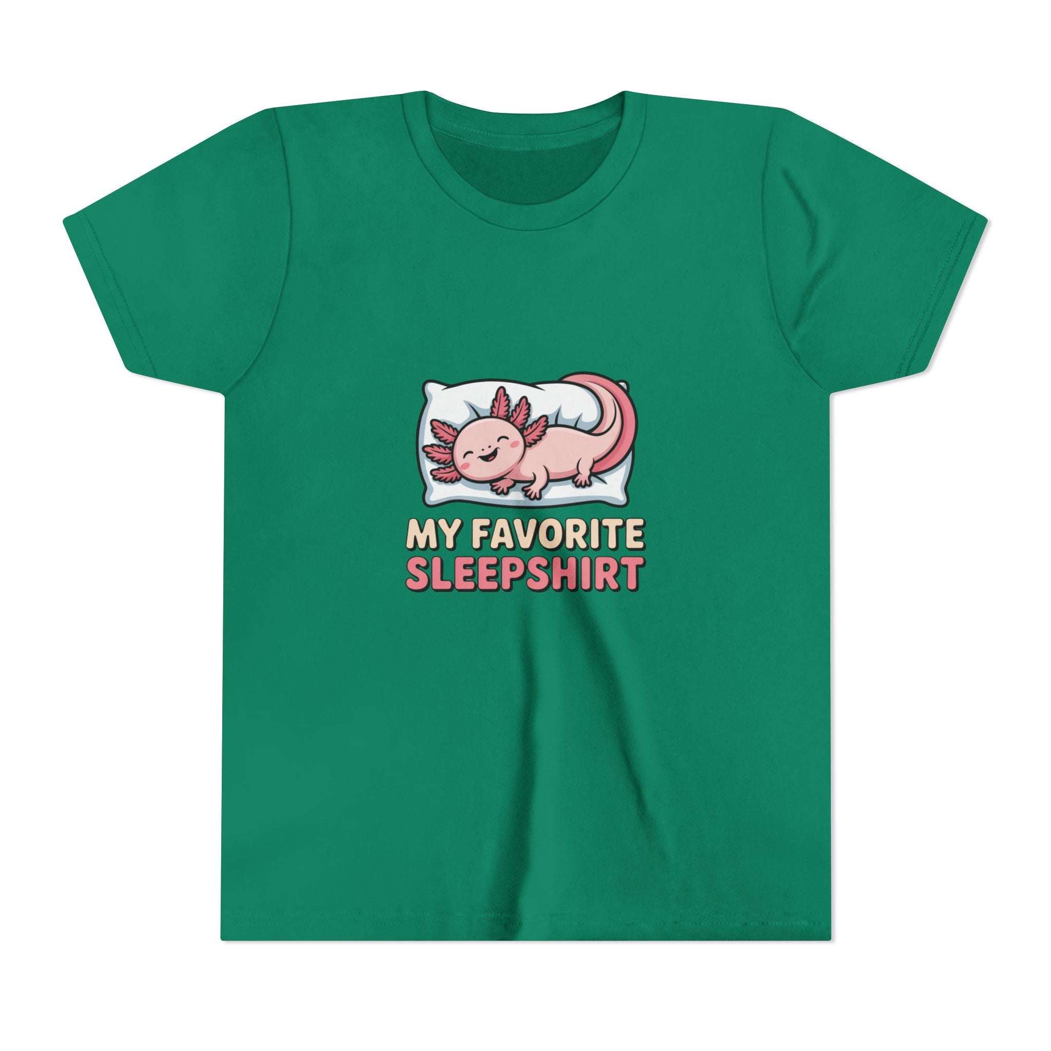 Green youth tee with sleepy pink axolotl illustration and "My Favorite Sleepshirt" text, made of soft 100% cotton, breathable and comfortable for kids.