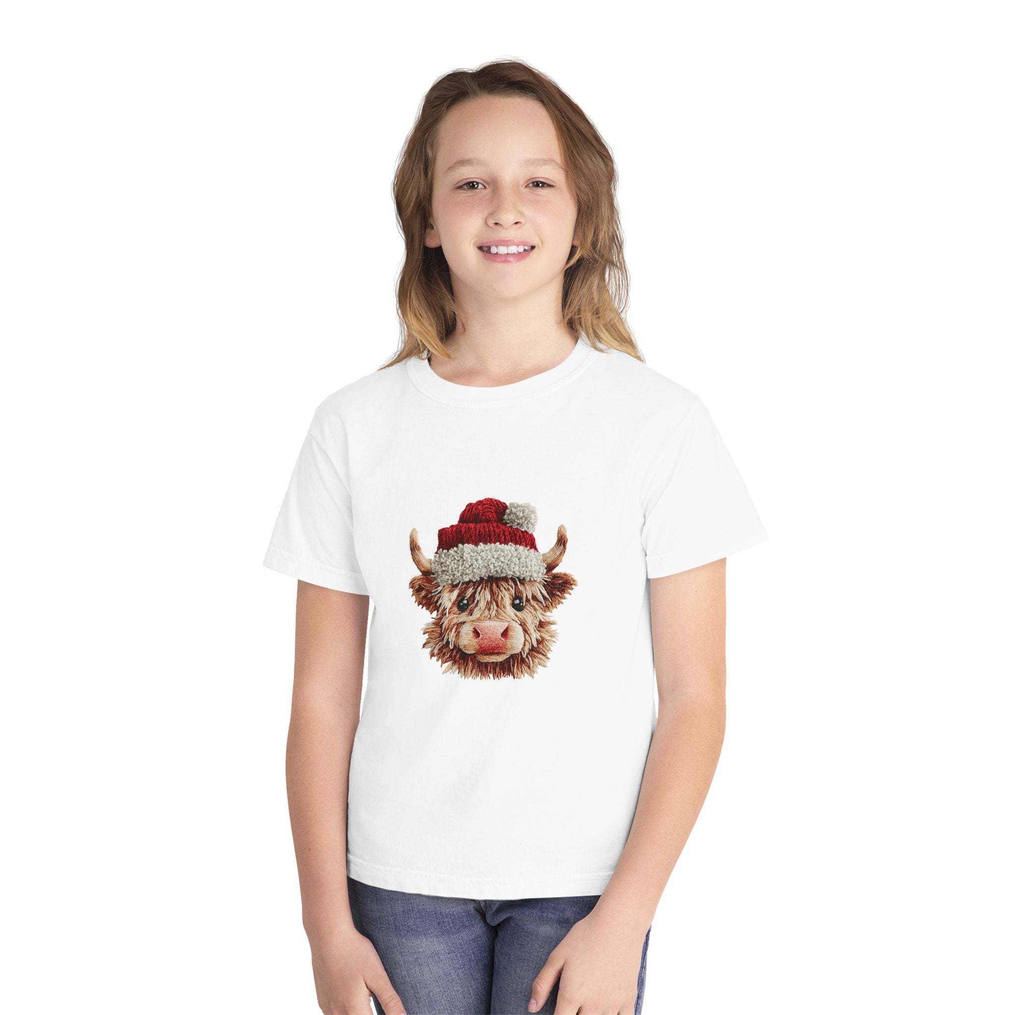 Santa Highland Cow Youth Tee — Faux Crochet Yarn Christmas Top