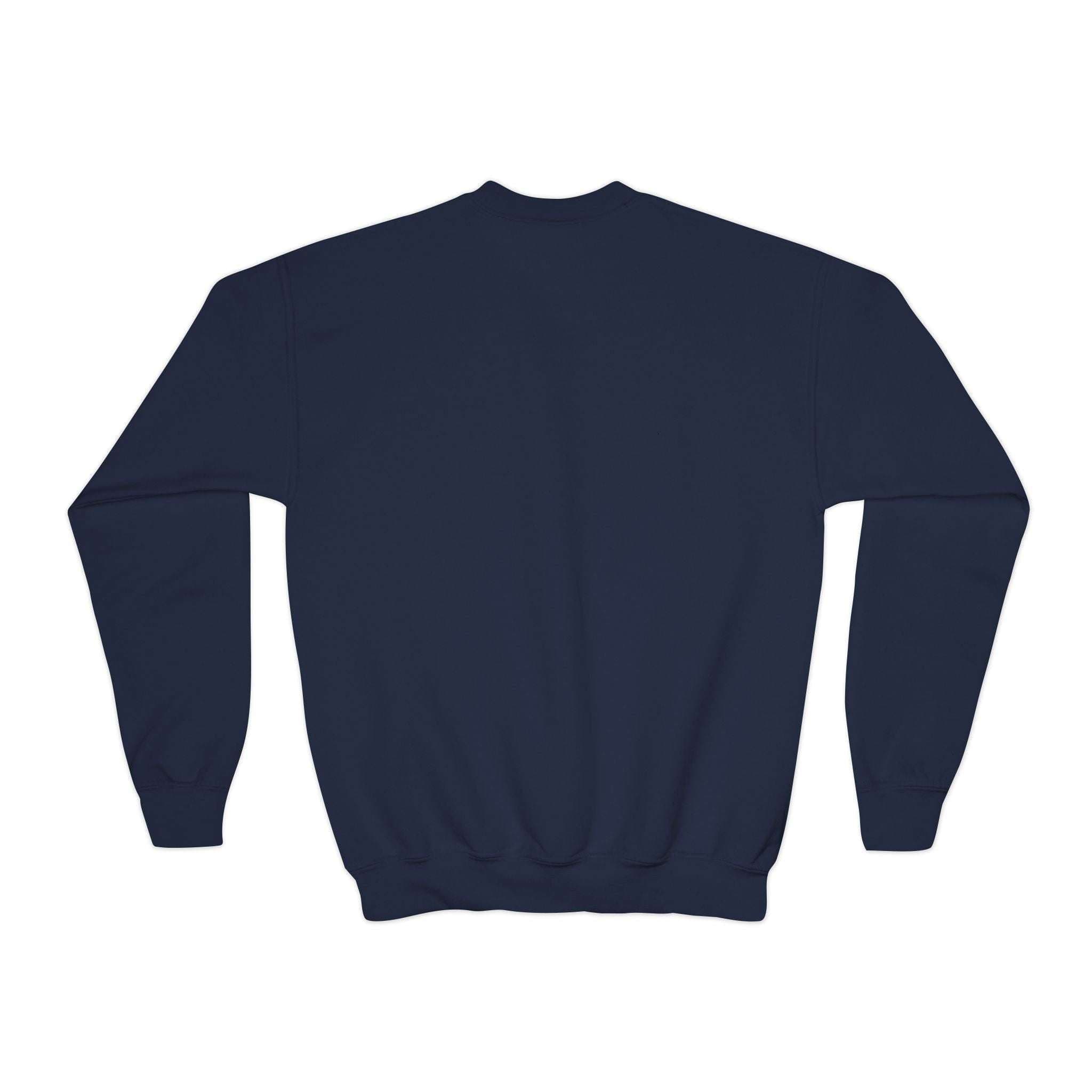 Moody Girl Highland Cow navy blue youth sweatshirt back view with ribbed knit collar and cuffs