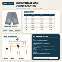 Men’s vintage wash denim shorts with loose fit, mid-rise waist, zip fly, and straight hem in blue vintage wash
