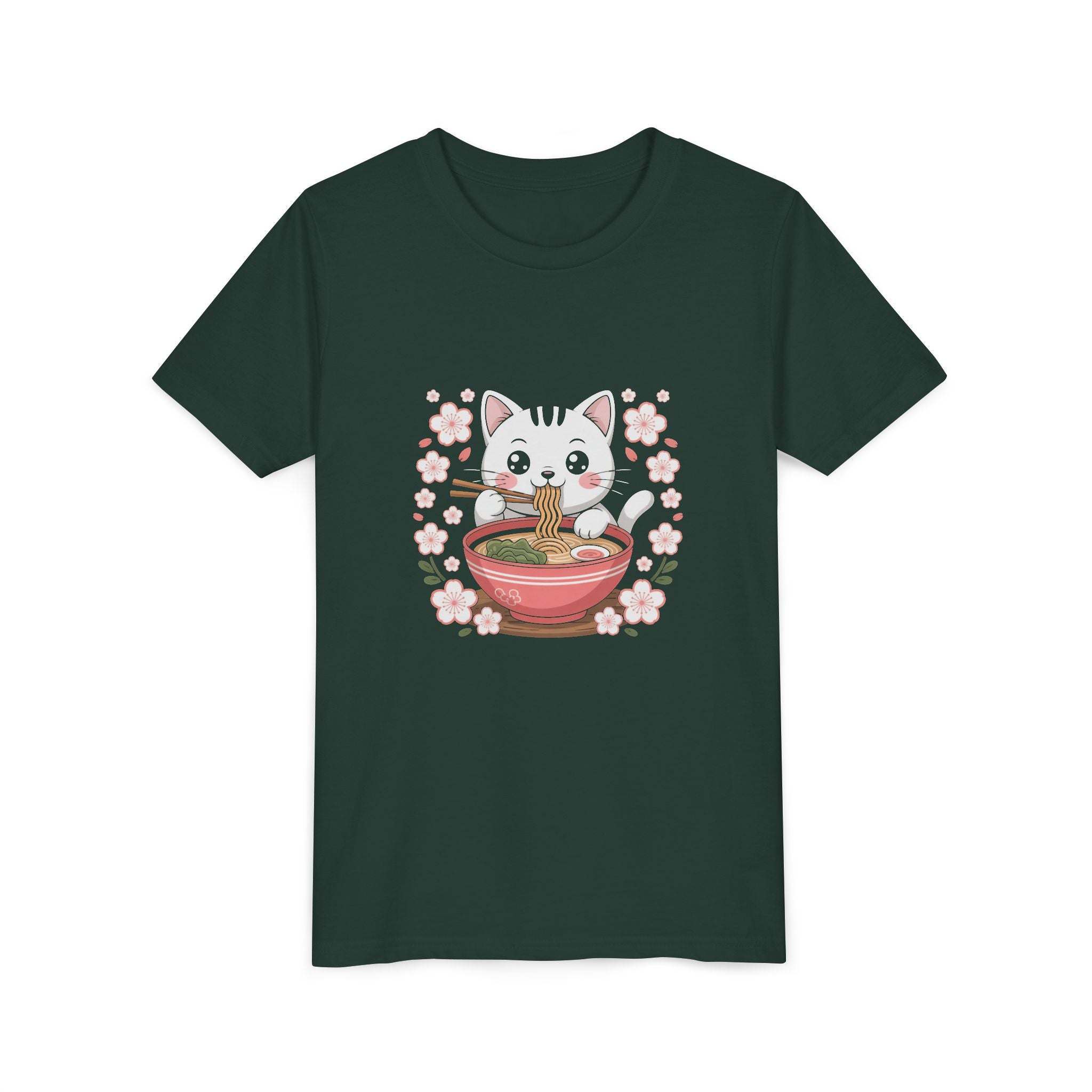 Youth tee with kawaii cat eating ramen bowl anime design