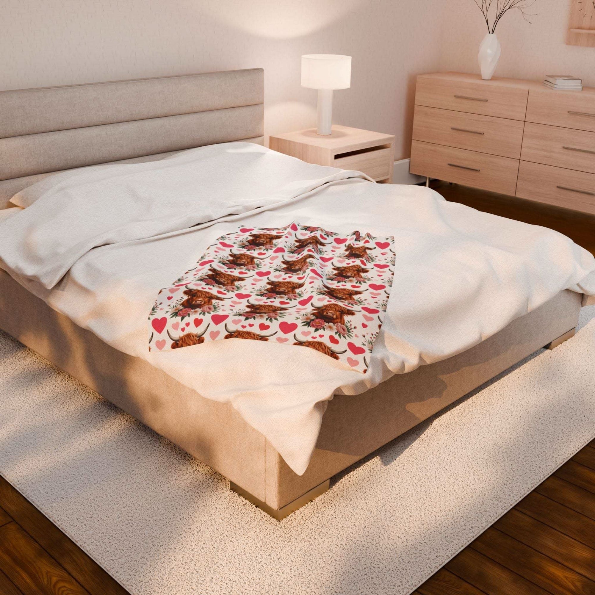 Velveteen plush blanket with floral Highland cow design, soft and cozy polyester fabric