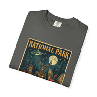 Vintage National Park After Dark T-shirt with campfire, Sasquatch, and Mothman night creatures design