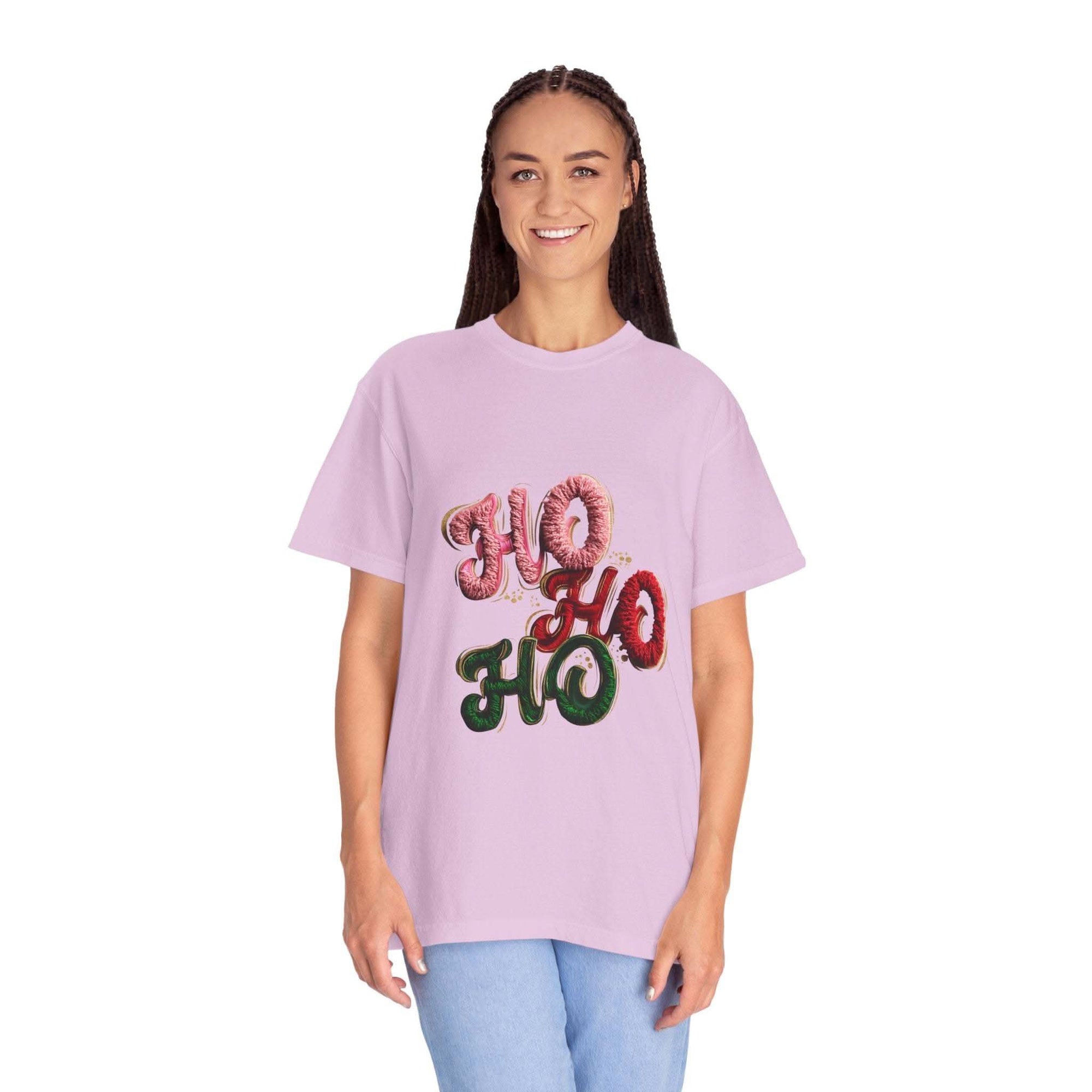 White Christmas graphic tee featuring faux puffy crochet 'Ho, Ho, Ho' design by Printify