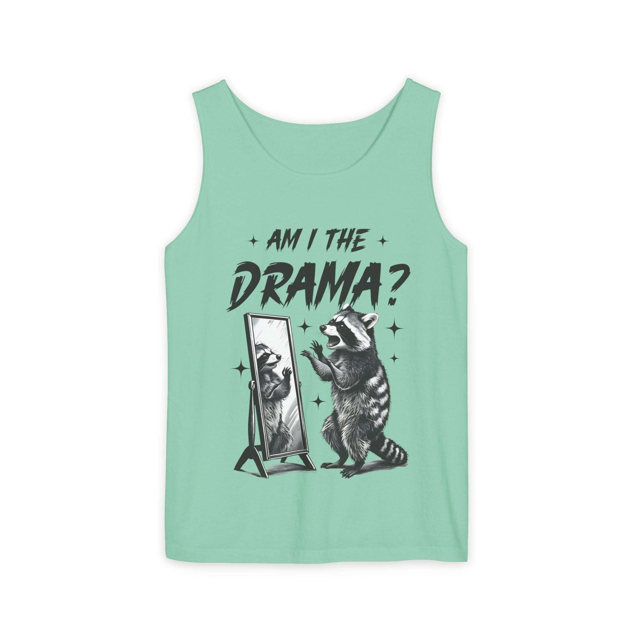 Mint green tank top with "Am I The Drama?" text and raccoon graphic looking into a mirror, casual and trendy summer wear