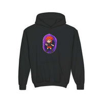 Anime-inspired purple youth hoodie sweatshirt featuring a Power Girl design, available in Printify brand.