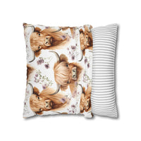 Floral Highland Cow pillowcase with delicate blooms and long-haired cow design on soft fabric