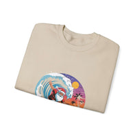 Navy Santa sweatshirt featuring a surfing design, perfect for holiday beachwear by Printify.