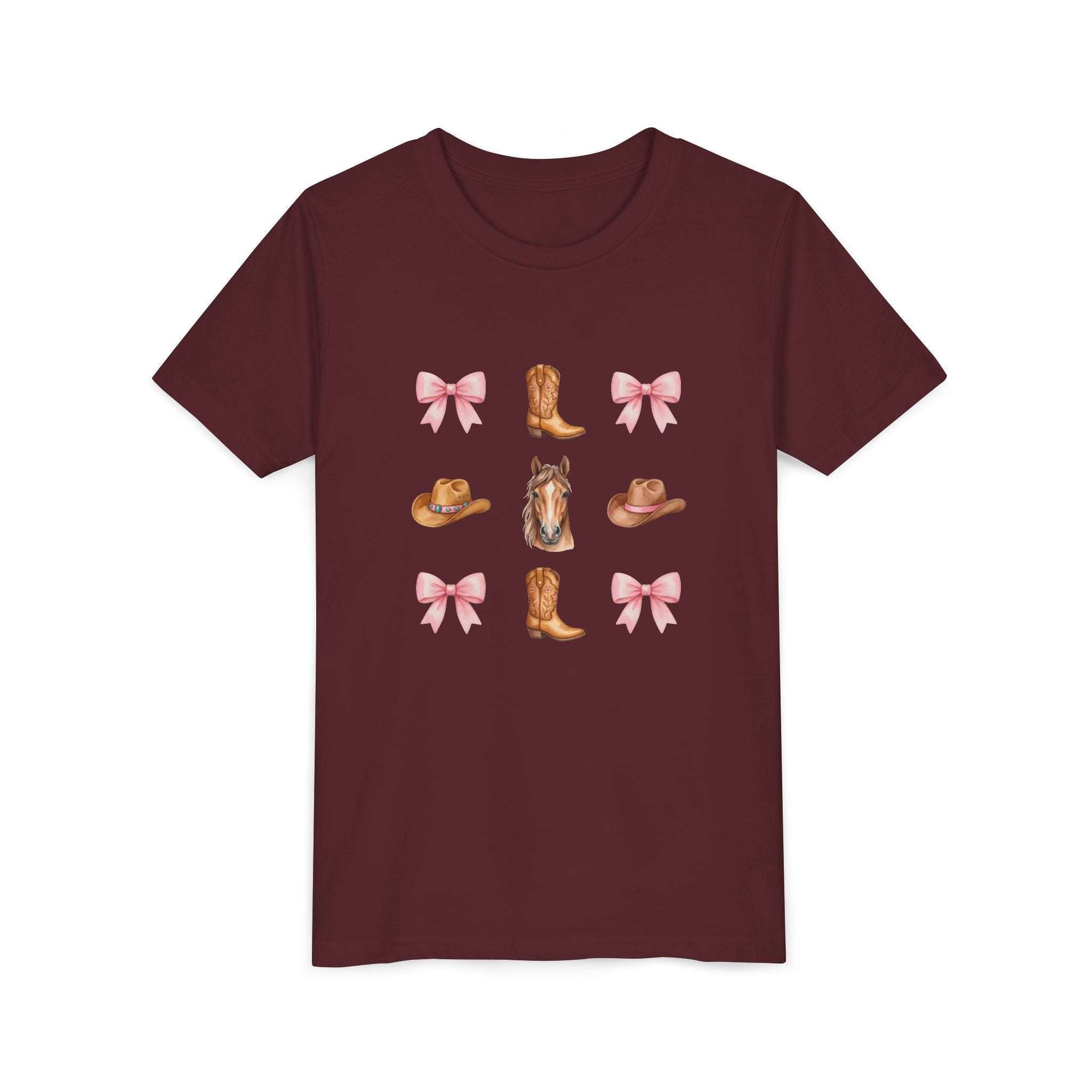 Cowboy Horse & Boots Coquette Bow Pattern Youth Tee | Pink Bows, Western Hat, Rodeo Kids Shirt