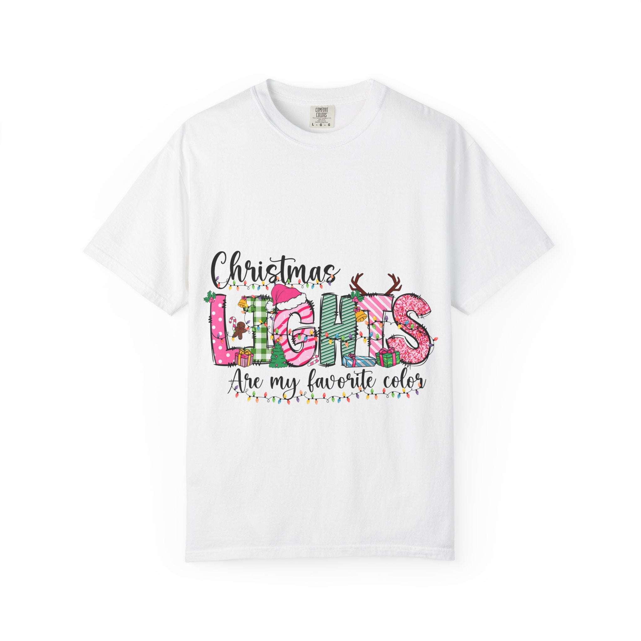 Christmas Lights Are My Favorite Color T-shirt in garment-dyed cotton with relaxed fit and festive holiday graphic