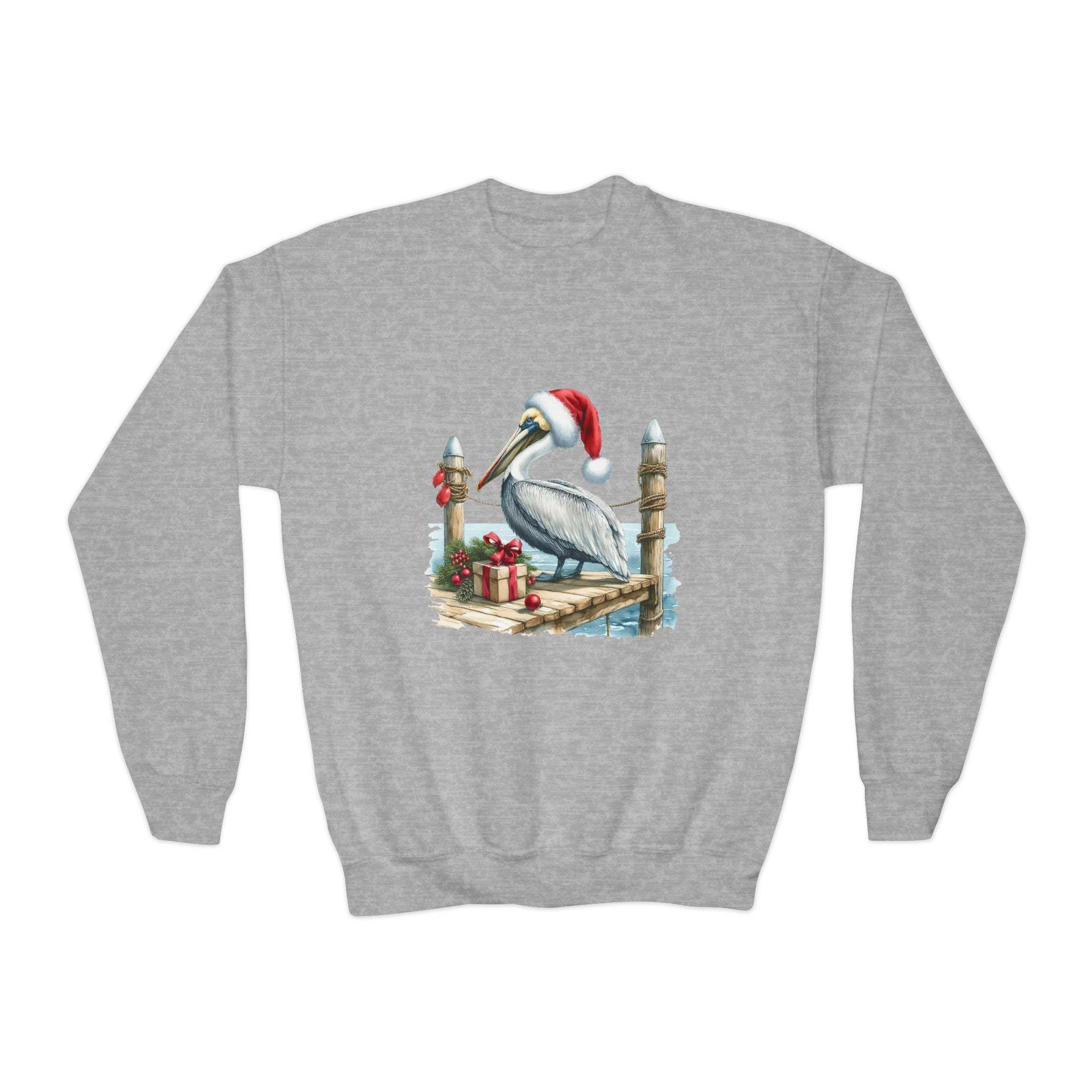 Youth crewneck sweatshirt with embroidered pelican wearing Santa hat on dock with gifts winter holiday design
