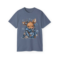 White t-shirt with retro patchwork reindeer design wearing blue scarf and surrounded by snowflakes
