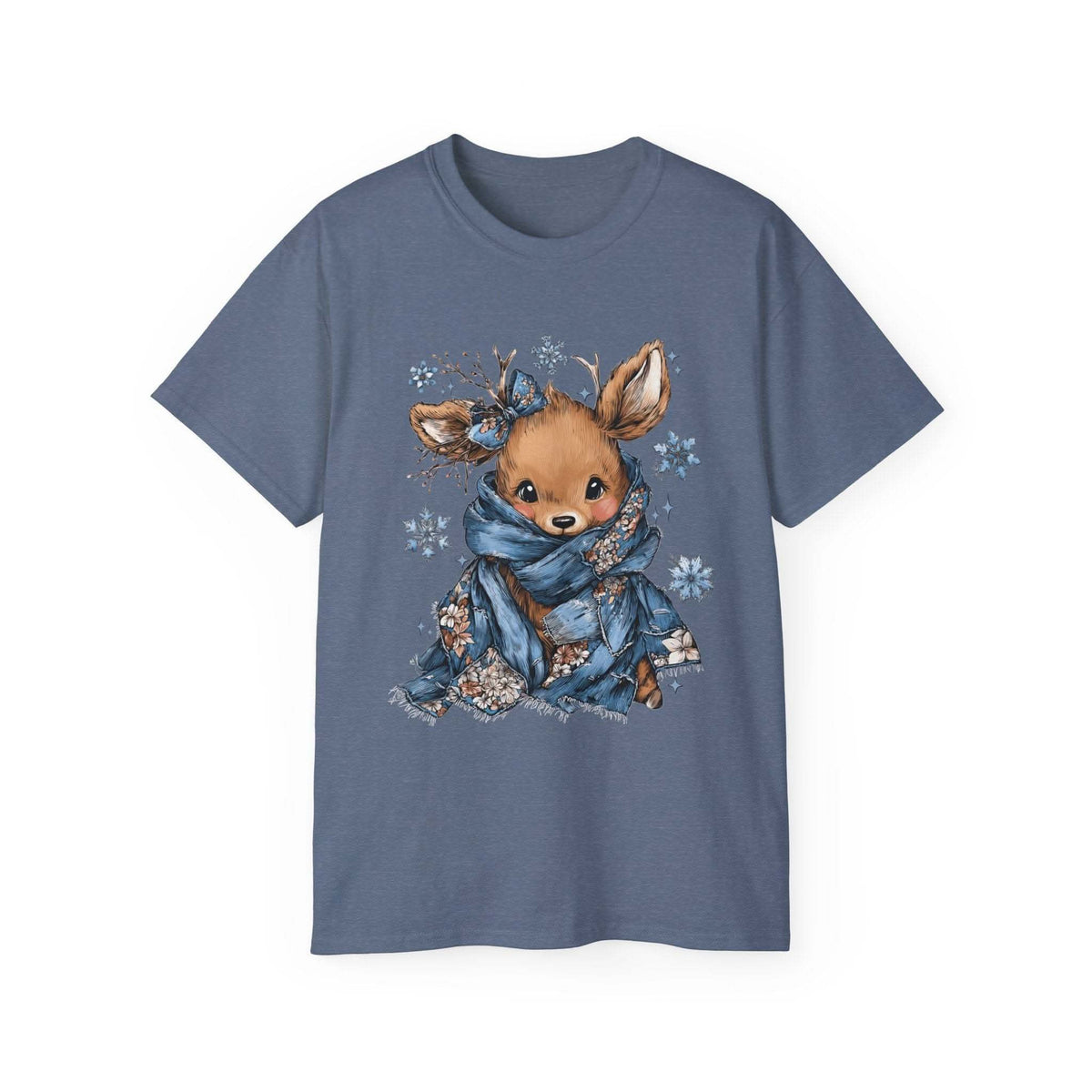 White t-shirt with retro patchwork reindeer design wearing blue scarf and surrounded by snowflakes