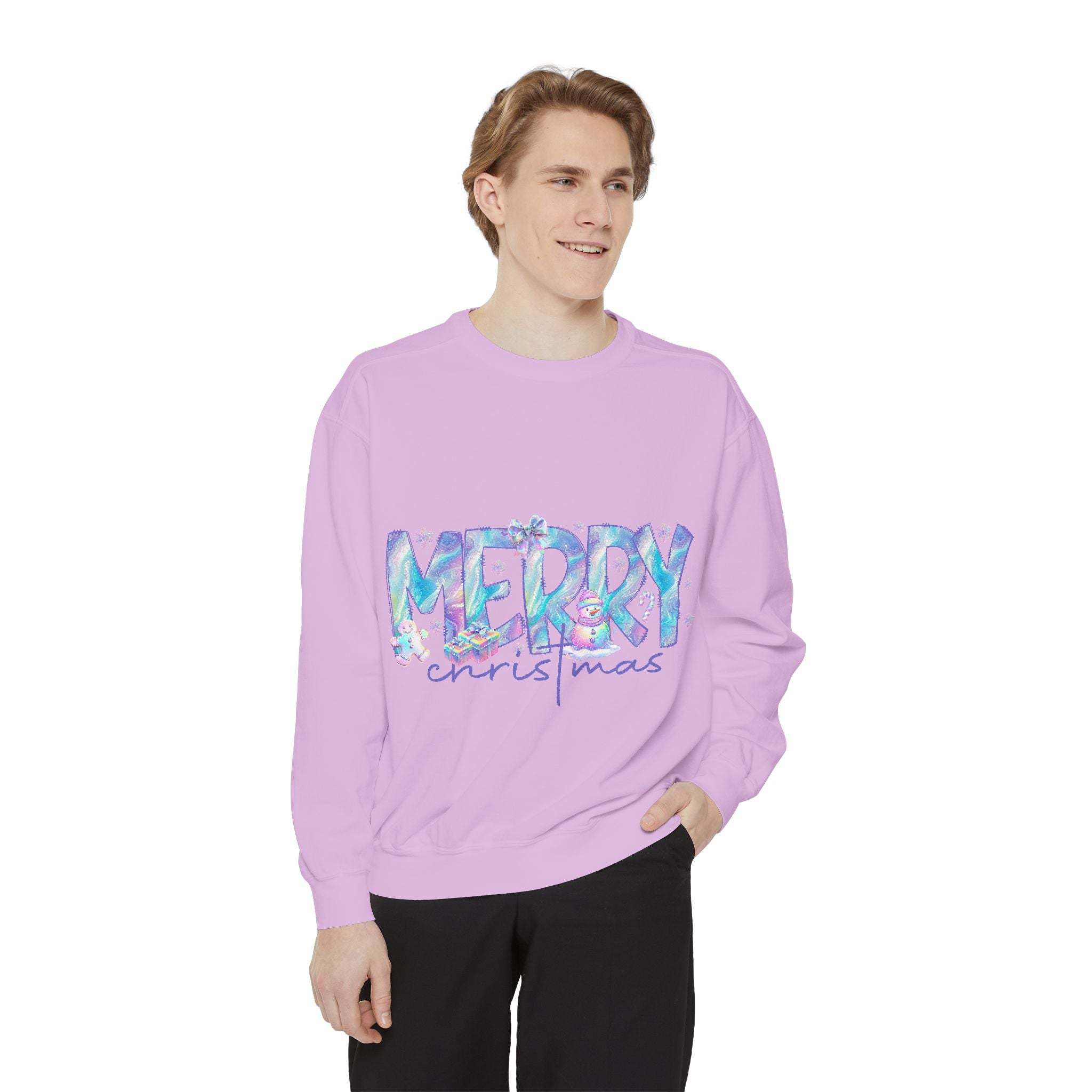 Man wearing iridescent Merry Christmas pink sweatshirt with relaxed fit and ribbed cuffs