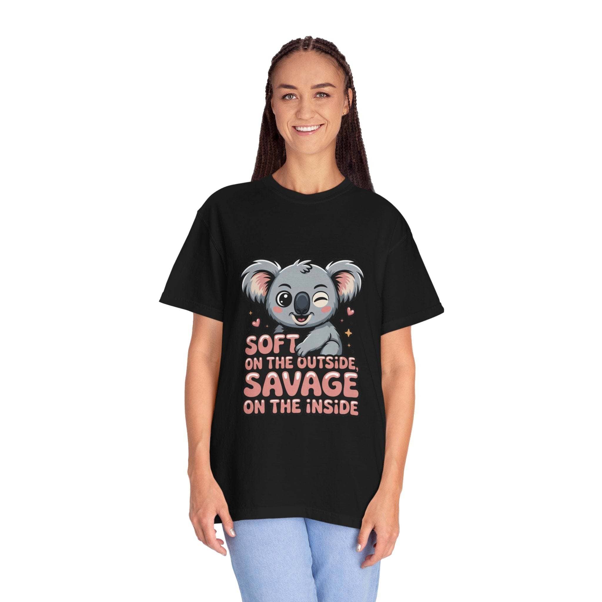 Woman wearing black t-shirt with cute koala and "Soft on the Outside, Savage on the Inside" text design