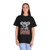 Woman wearing black t-shirt with cute koala and "Soft on the Outside, Savage on the Inside" text design