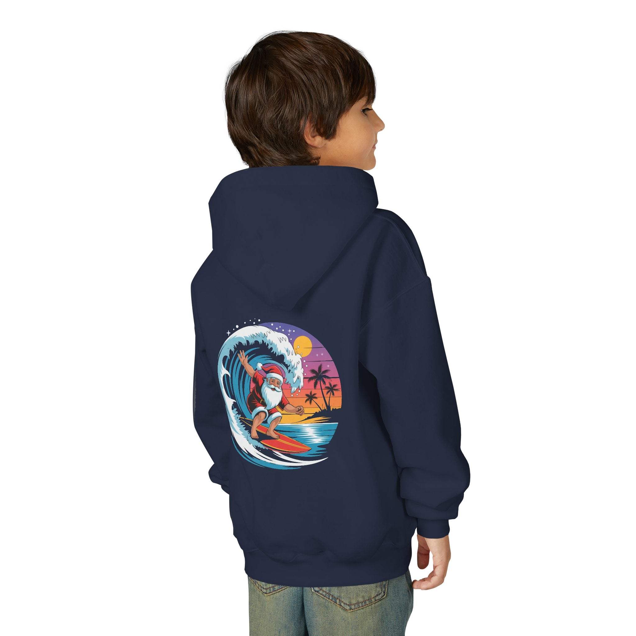 Child wearing navy Surfing Santa Hoodie with Santa surfing on wave graphic on back