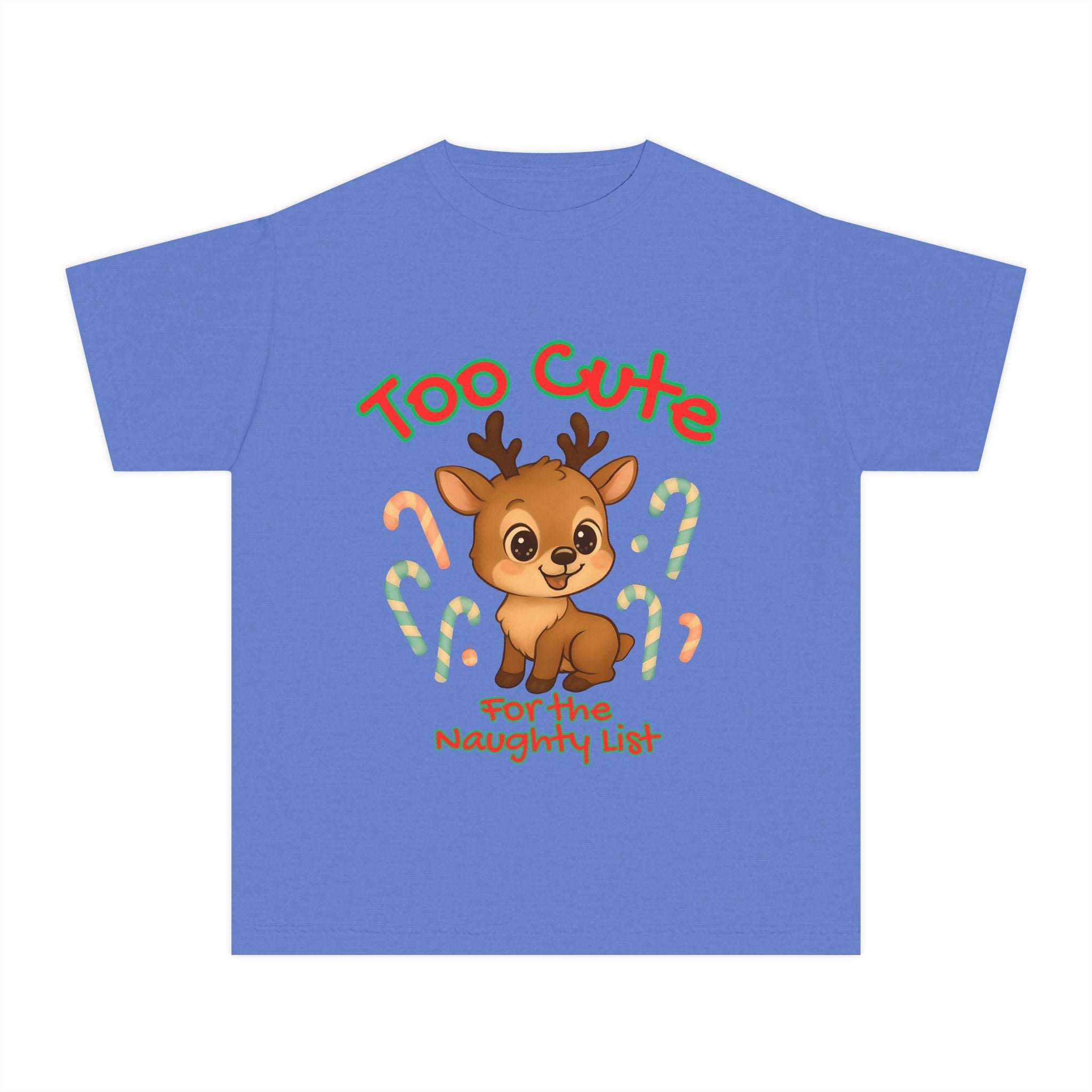 Black youth tee with 'Too Cute for the Naughty List' Christmas design, perfect for festive kids' holiday clothing.