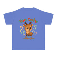 Black youth tee with 'Too Cute for the Naughty List' Christmas design, perfect for festive kids' holiday clothing.