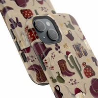 Cowboy Christmas design phone case for iPhone 17 in glossy finish by Printify, featuring festive colors and patterns.