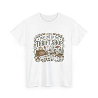Vintage-style thrift shop t-shirt with botanicals, mushrooms, and flea market treasures illustration