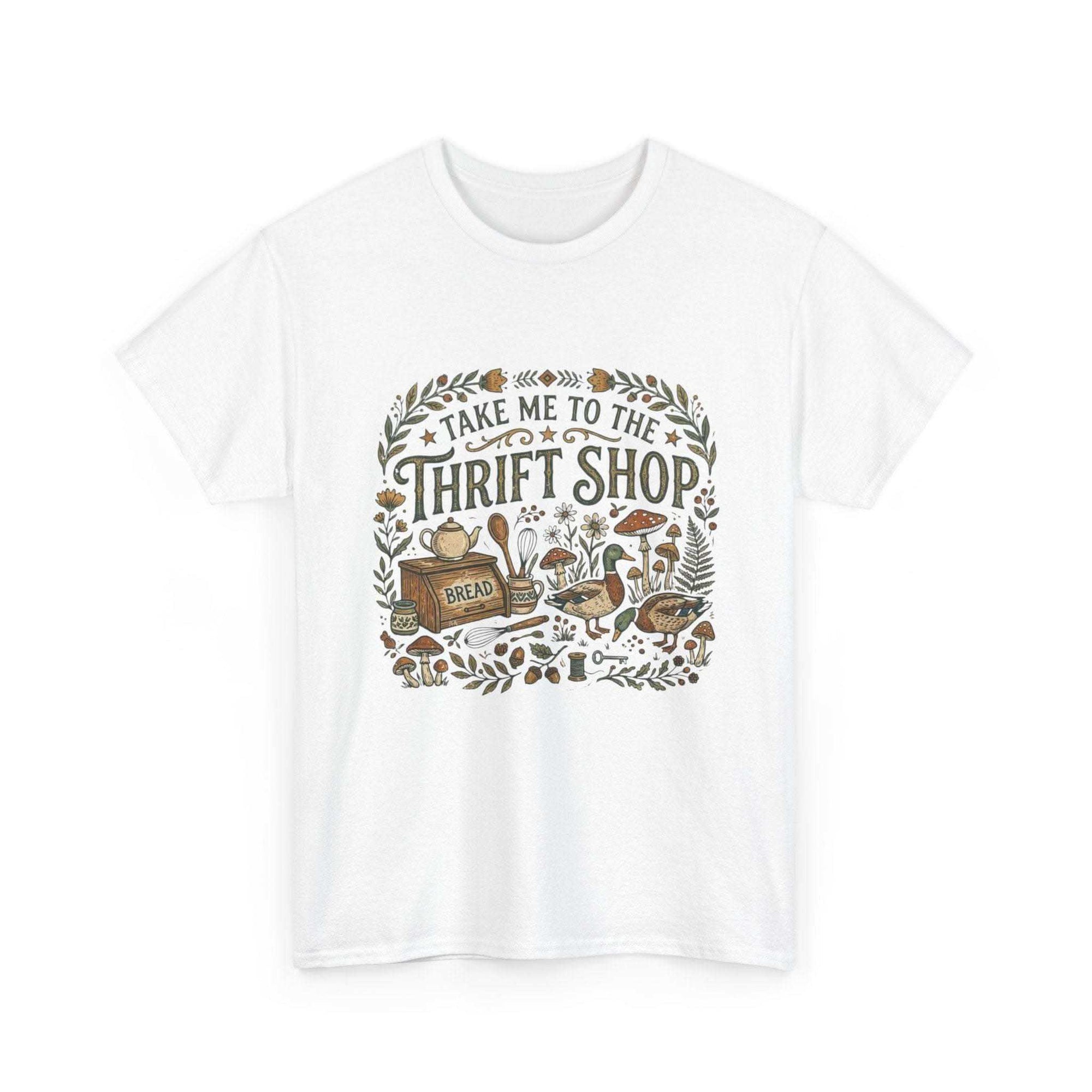 Vintage-style thrift shop t-shirt with botanicals, mushrooms, and flea market treasures illustration