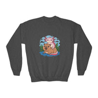 Dark gray sweatshirt with a cartoon axolotl and dog design on a white background