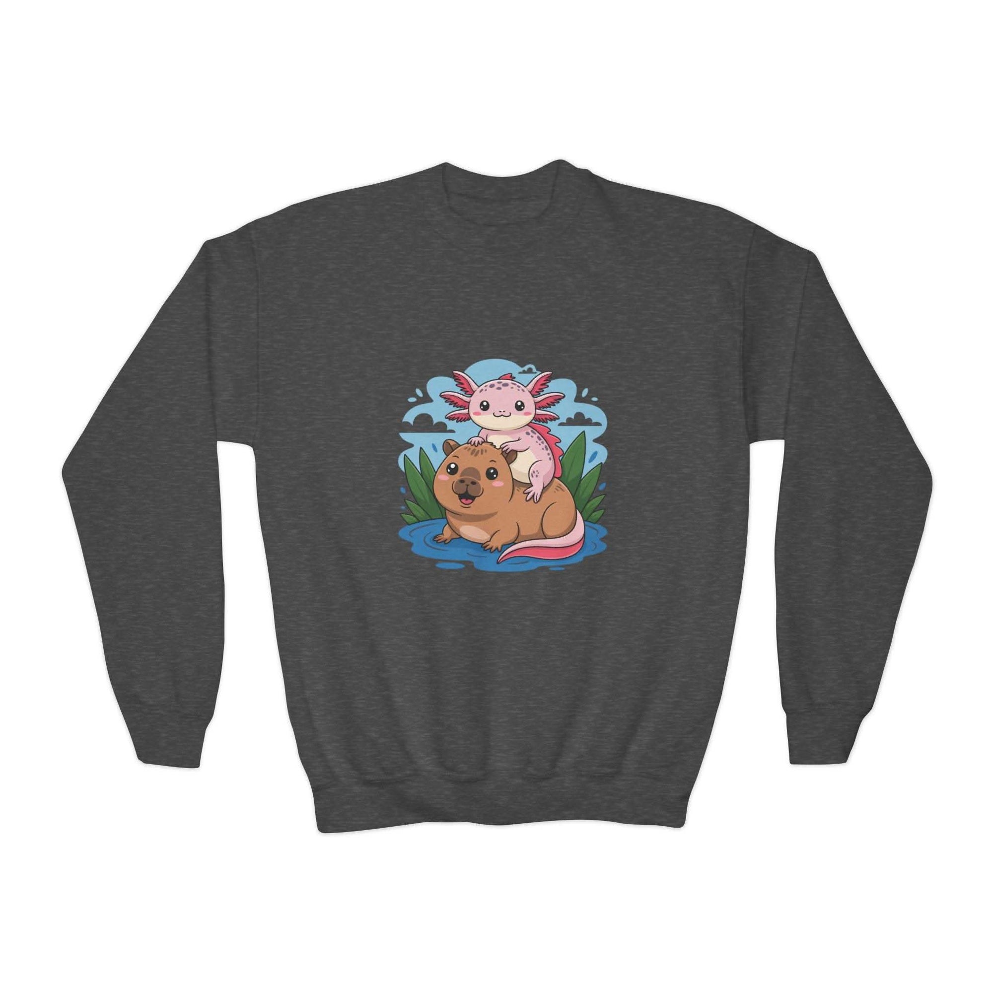 Dark gray sweatshirt with a cartoon axolotl and dog design on a white background