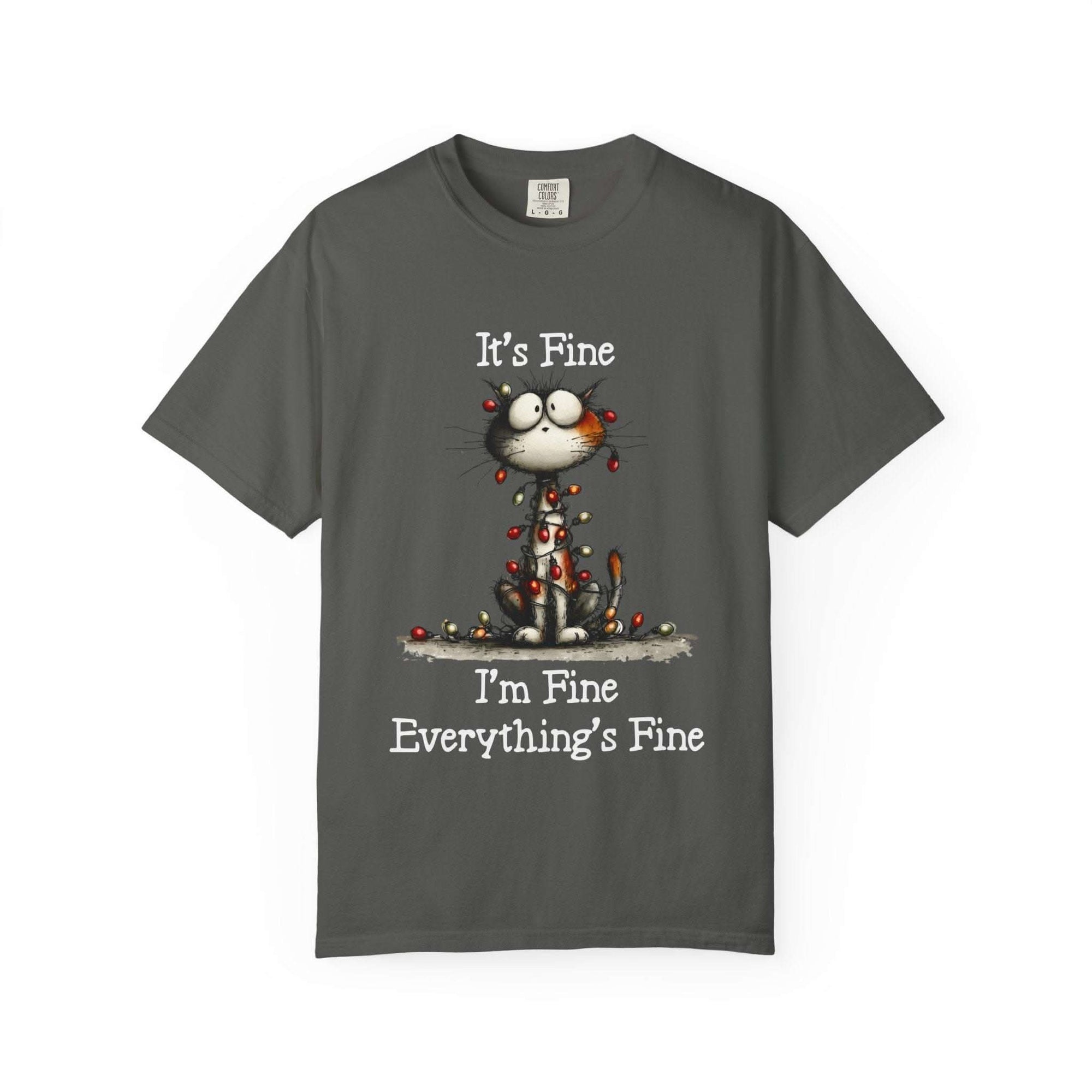 Gray cat t-shirt with cartoon cat and "It's Fine, I'm Fine, Everything's Fine" text, soft garment-dyed cotton.