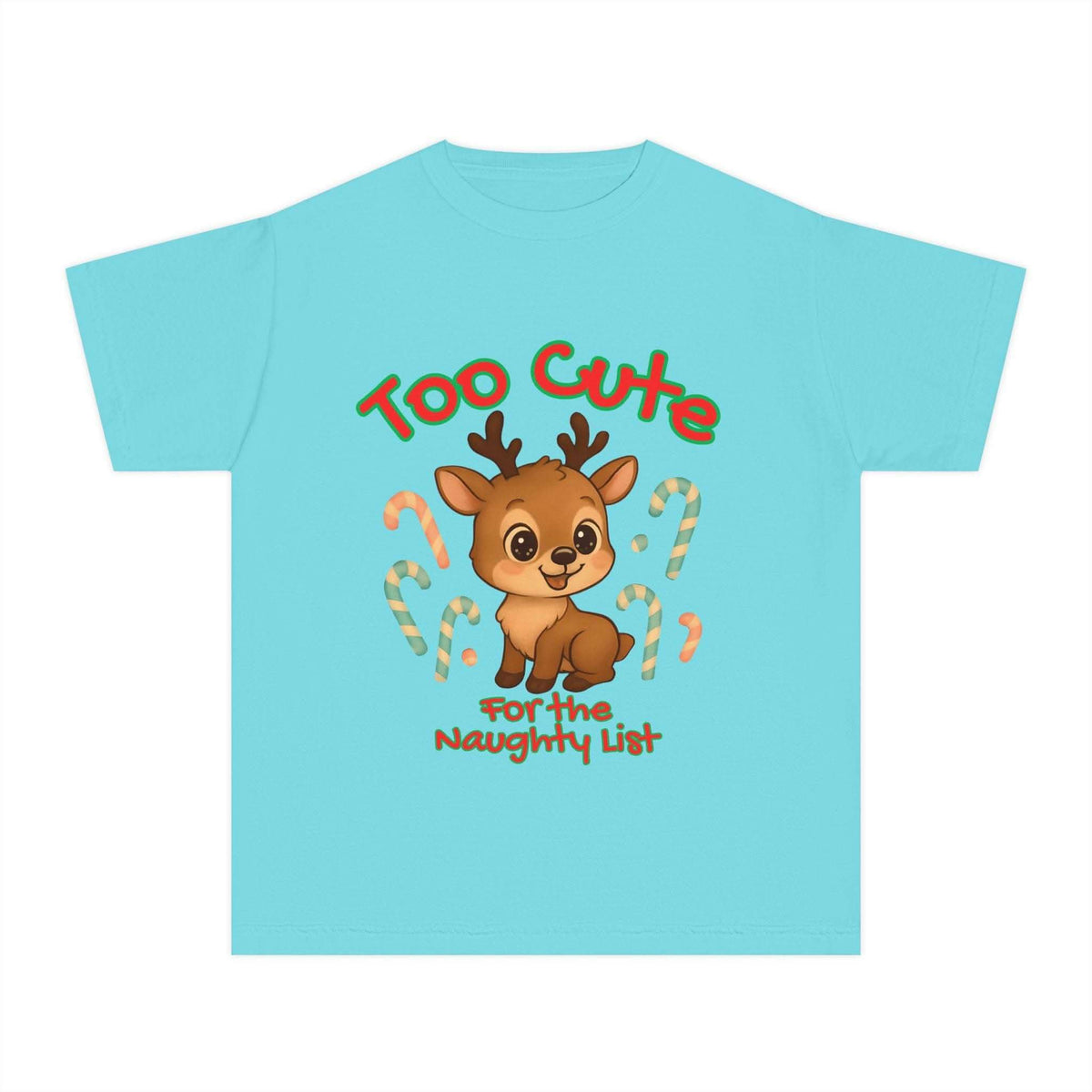 Black youth tee featuring 'Too Cute for the Naughty List' Christmas design by Printify
