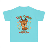 Black youth tee featuring 'Too Cute for the Naughty List' Christmas design by Printify
