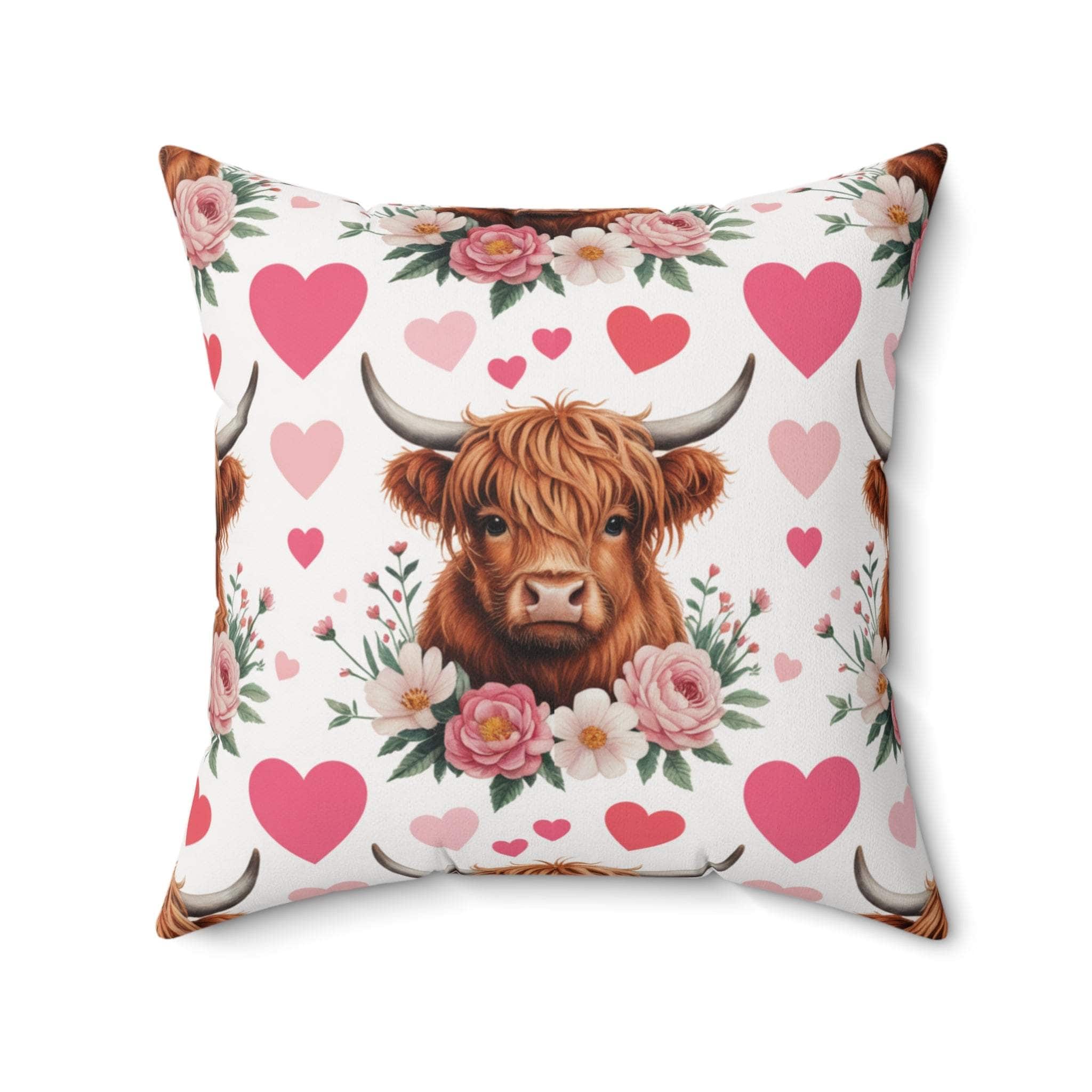 Floral Valentine Highland Cow Pillow with muted beige tones and delicate blossoms for rustic and cottage decor