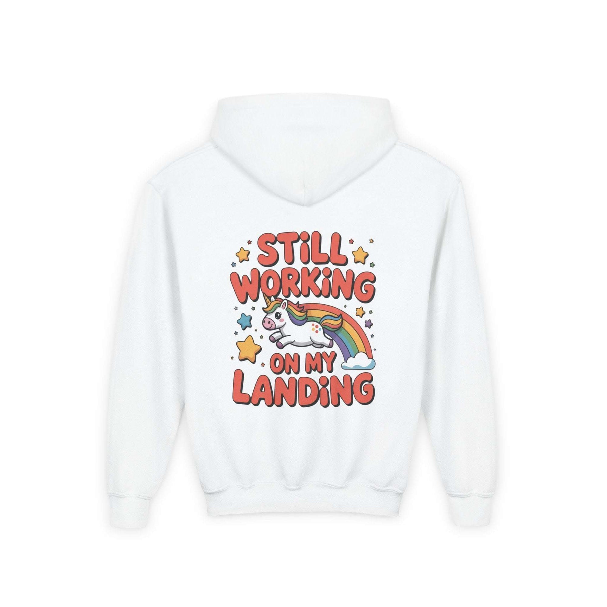 Kids unicorn rainbow design hoodie with playful unicorn and rainbow print on white fabric