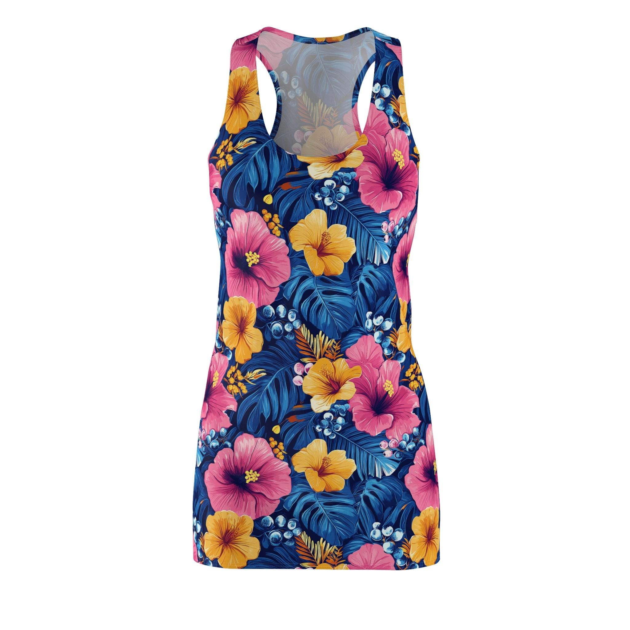 Blue tropical hibiscus floral racerback dress with pink and yellow blooms on lightweight fabric