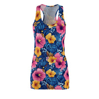 Blue tropical hibiscus floral racerback dress with pink and yellow blooms on lightweight fabric