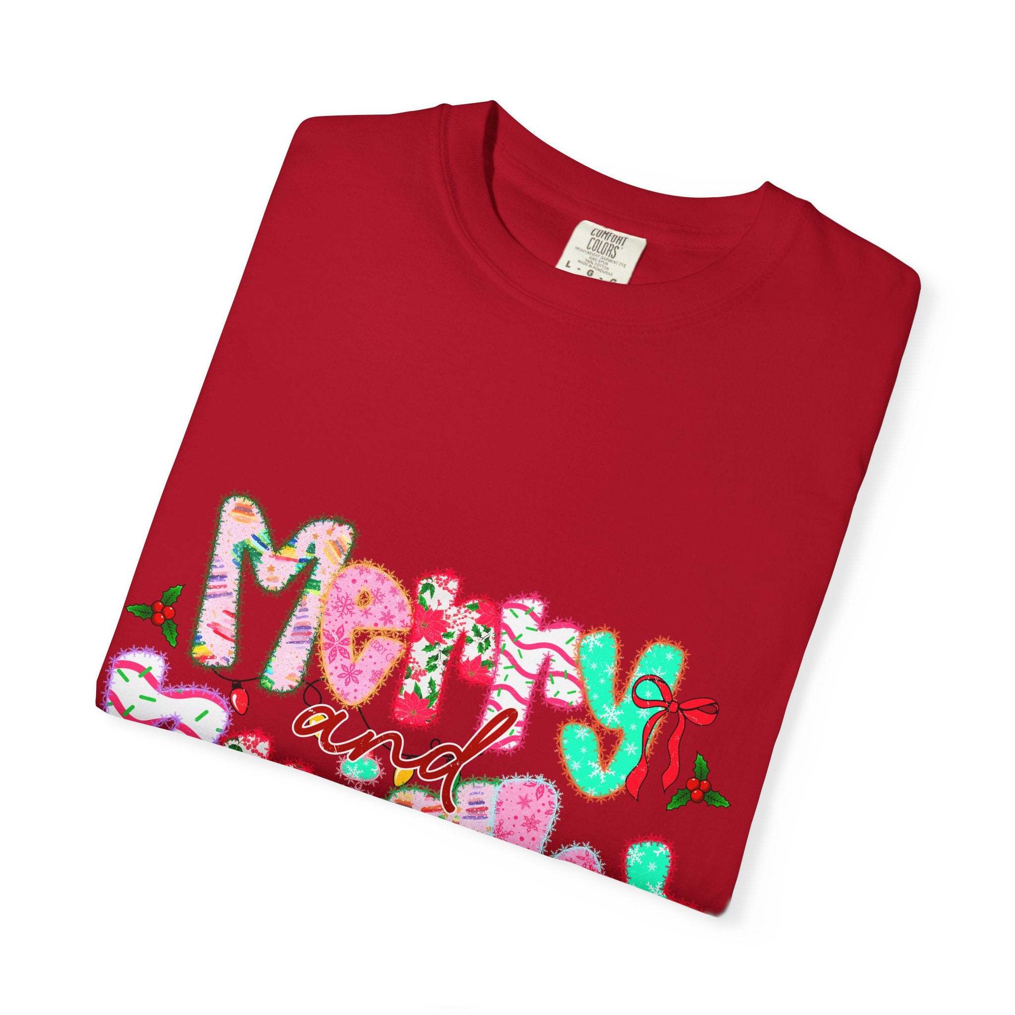 Red Merry and Bright T-shirt with festive holiday design in colorful letters and holly accents