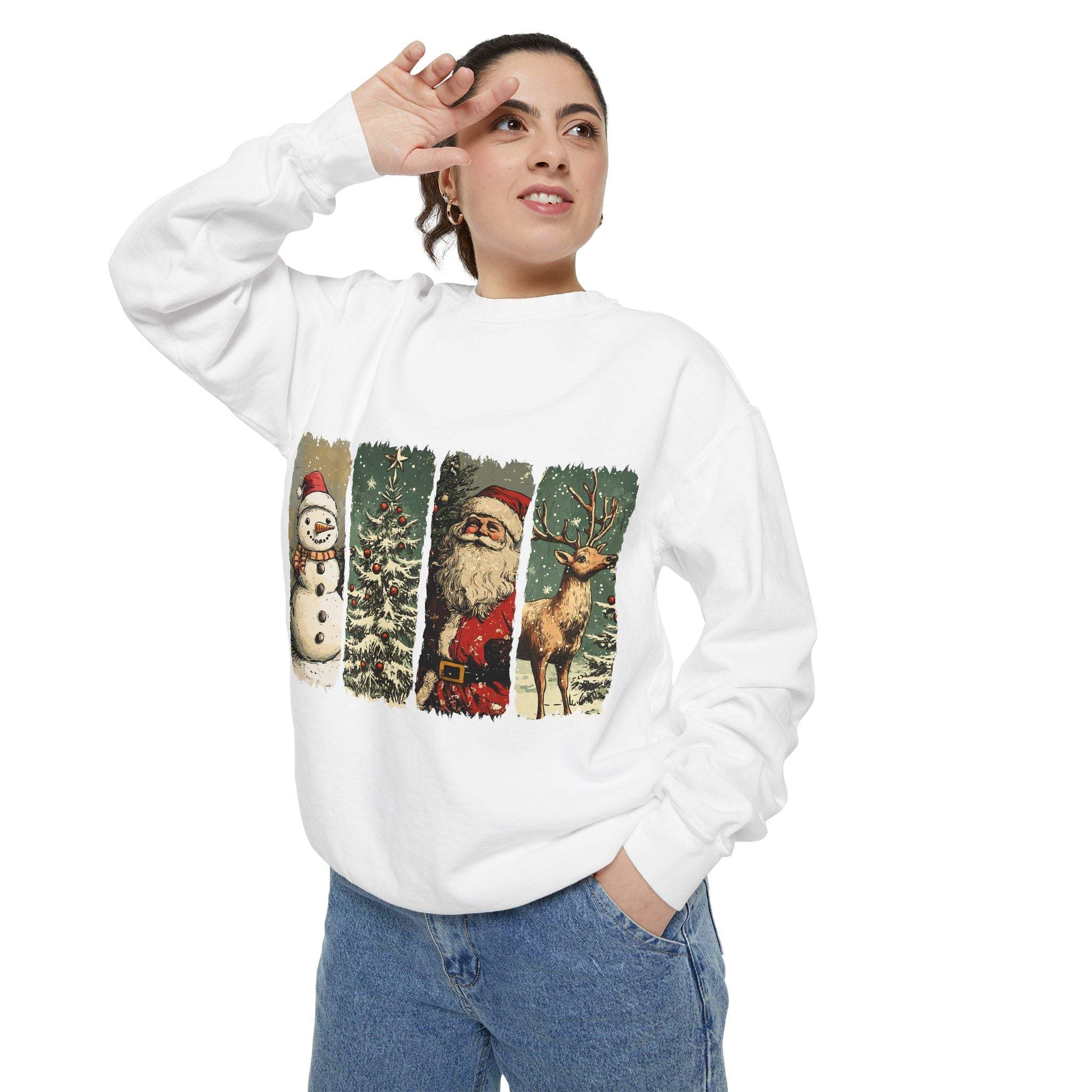Vintage Christmas sweatshirt with watercolor snowman, Santa, tree, and reindeer design worn by woman