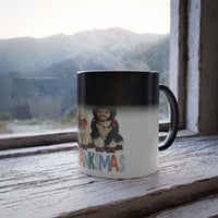 Mug with Christmas-themed design featuring two bears and 'Thankmas' text, placed on a wooden surface with a mountain view.